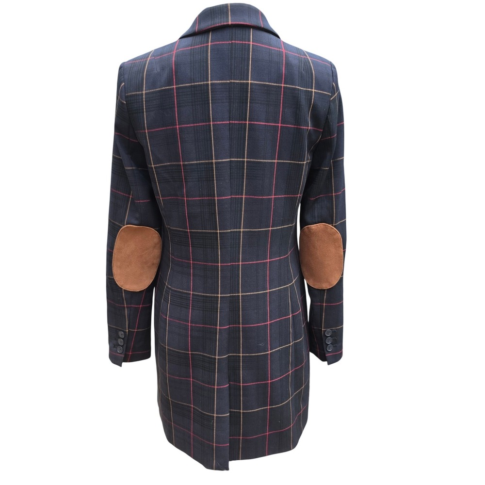 Tommy Hilfiger Navy Blue Plaid Longline Blazer Elbow Patches Womens Size 2 - Picture 4 of 10